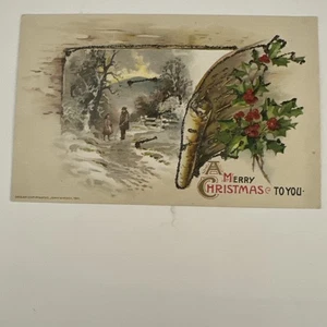 Winsch Merry Christmas Holly Berries Snow Scenery 1911 Vintage Postcard Embossed - Picture 1 of 2
