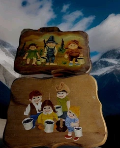 Vintage Hand Painted Rustic Wood Wall Plaques – Country Farm Kids Folk Art – Set - Picture 1 of 10
