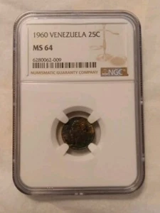 1960 Venezuela 25 Centimos, NGC MS64 Impressive Toning! - Picture 1 of 4