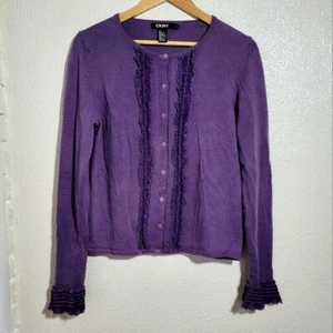y2k DKNY 100% Merino Wool Silk Ruffle Accent Button Down Cardigan sz L Purple - Picture 1 of 10