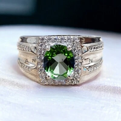 Piedras preciosas de peridoto con anillo de novio de plata de ley 925 para hombre #AL999 Foto 1 de 4