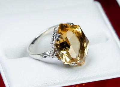 830 Argento - Antico Art Deco Anello - 6.00 CT Naturale Citrino - Immagine 1 di 4