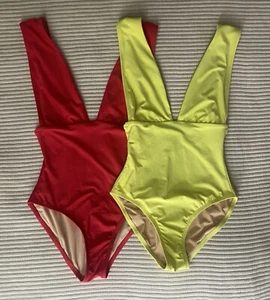J. Crew Plunge Deep V-Neck One-Piece Swimsuit Set Of 2 Sz 4 Wide Strap Yellow - Picture 1 of 12