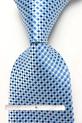New Classic Checks Plaids Blue Silver JACQUARD WOVEN 100% Silk Men's Necktie Tie - Image 1 of 4