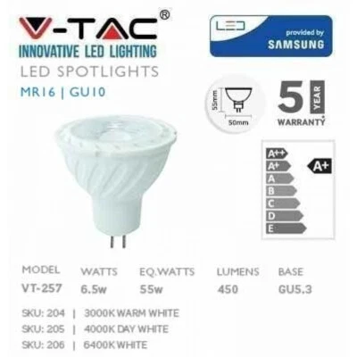 LAMPADINE LED GU5.3 MR16 da 7W Lampada SMD 12V PIU' LUMINOSE DI V-TAC FARETTO