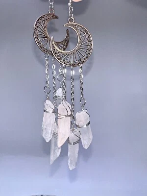 Натуральные серьги с 3 прозрачными кварцевыми кристаллами — дымчатый позолоченный полумесяц - Изображение 1 из 3