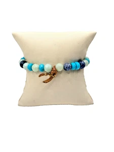 Blue Faux Gemstone Beaded Bracelet with Leather Accent & Stretch Cord - Picture 1 of 5