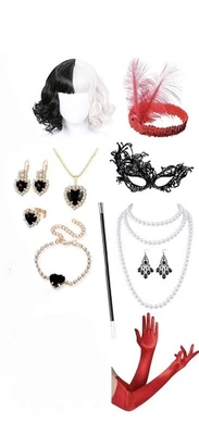 Peluca dálmata blanco y negro con guantes accesorios Foto 1 de 4