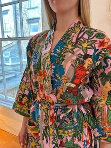 Indian Handmade Multicolor Kahlo Printed Kimono Robe One Size Women Bath Robe - Picture 1 of 4