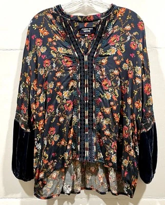 女式 Johnny Was Workshop 长袖花卉衬衫 M 码蓝色天鹅绒波西米亚 — 第 1/4 张图片