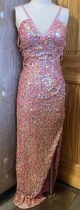 Vtg 90s SEAN Pink Strappy SILK Sequin Pink Dress Maxi Gown Slit Y2K Prom Sz 2 - Picture 1 of 7