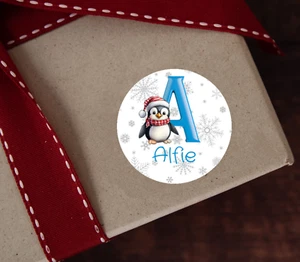 Personalised Christmas Penguin Initial Name Stickers Gift Wrap Presents Santa - Picture 1 of 50