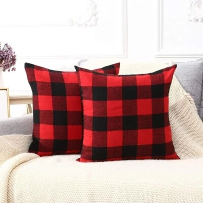 Set of 2 Red and Black Buffalo Checked Cotton 20" Throw Pillow Covers - Image 1 of 3