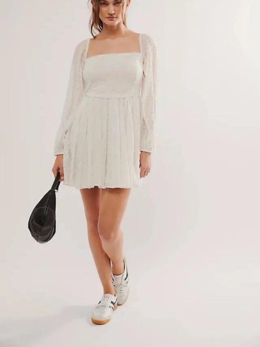 OFF WHITE Free people Malina Mini abito bianco sporco scollo quadrato occhielli floreali taglia XS nuovo senza etichette