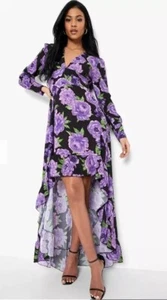 Boohoo Tall New Black And Purple Floral High Low Frill Dress Size 10 - Picture 1 of 10
