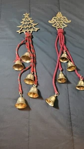 Lot Of 2 Vintage Brass Angel & Tree Hanging Bells Cord Red Gold Christmas Décor - Picture 1 of 10