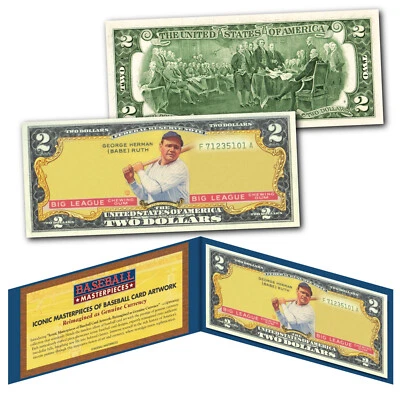BABE RUTH 1933 Goudey #53 (Yellow) Yankees iconic Card Art on Genuine $2 US Bill - Image 1 of 3