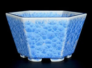 Japanese Bonsai pot Kiyomizu SENZAN Hexagonal shape W15 H8cm Light Blue Glazed - Picture 1 of 24