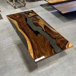 Acacia Wood Epoxy Table – Black Smoke Resin Dining or Coffee Top - Picture 1 of 5