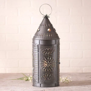 21" Electric Punched Tin Lantern Light Lamp in Smokey Black. Country Light - Picture 1 of 1