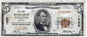 1929 $5 Type 1 Atlanta, Georgia National Bank Note ☆☆ Fr#1800-1 ☆☆ - Picture 1 of 2