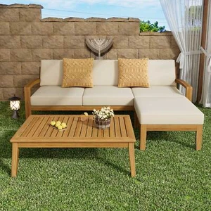 3 Pieces Acacia Wood Patio Furniture Sectional Conversation Sofa Set W/ Cushions - Picture 1 of 15