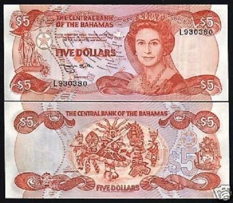 Bahamas 5 Dollars P-45 1974 (1984) Queen QEII Elizabeth England UNC Currency Cover