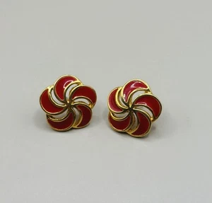 Vintage Gold Tone Red Enamel Swirl Flower Stud Statement Earrings - Picture 1 of 3