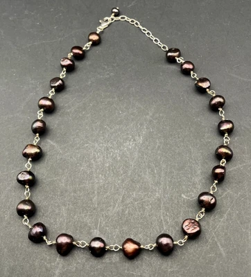 Sterling Silver Chocolate Brown Baroque Pearl Tin Cup Station Necklace Vintage - Image 1 of 4