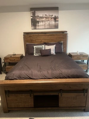 Rustic Wood Bed Frame with Storage Drawers and Headboard - Image 1 of 2