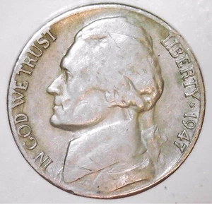 1947 S Jefferson Nickel -  Very Good- Circulated  - FREE SHIPPING   ( E37) - Picture 1 of 2