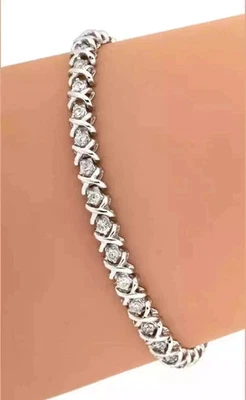 Женский теннисный браслет XO круглой огранки с лабораторными бриллиантами покрытие белое золото 14 карат - Изображение 1 из 4