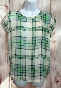 Joie Green Plaid Blouse Sz Small 100% Silk Green Cap Sleeve Top Round Hem - Picture 1 of 6
