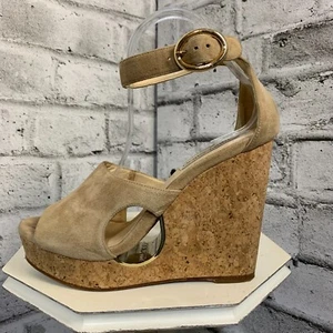 Jimmy Choo Cork Wedge Sandals Womens 9.5 Beige Suede Gold Neyo Ankle Strap Boho - Picture 1 of 13