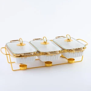 Set Of 3 Luxury Chafing Dish White Ceramic Food Warmer Buffet Party Gift - Picture 1 of 10