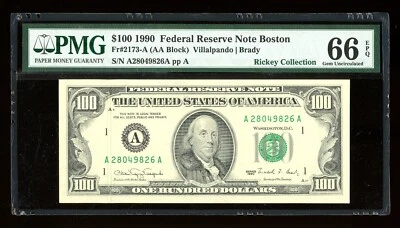 DBR 1990 $100 FRN Boston Gem Fr. 2173-A PMG 66 EPQ Serial A28049826A - Image 1 of 2