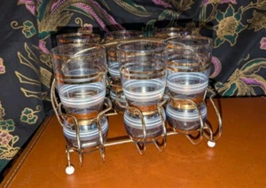 Mid Century Curved Glasses In Metal Carrier Caddy Tumblers Atomic Feet - Picture 1 of 19