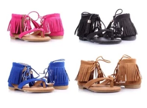 Lindas sandalias de 4 colores con flecos estilo indio de encaje talla juvenil para niños - Imagen 1 de 25