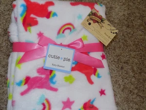 CUTIE PIE BABY BLANKET UNICORNS PINK RED RAINBOWS STARS WHITE SOFT FLEECE NEW - Picture 1 of 4
