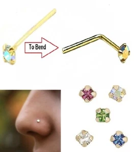 9ct GOLD Tiny 1mm Nose Ring Claw / Bezel Stud Jewelry Straight Bendable Pin UK - Picture 1 of 16