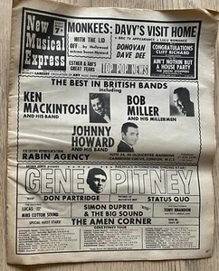 NEW MUSICAL EXPRESS MARCH 30 1968 MONKEES DDBMT LULU FOUR TOPS DONOVAN REPARATA - Picture 1 of 6