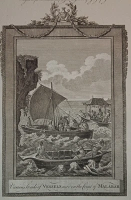 1793 India Malabar Coast types of vessels boats indigenous tribe antique gravure - Image 1 of 4