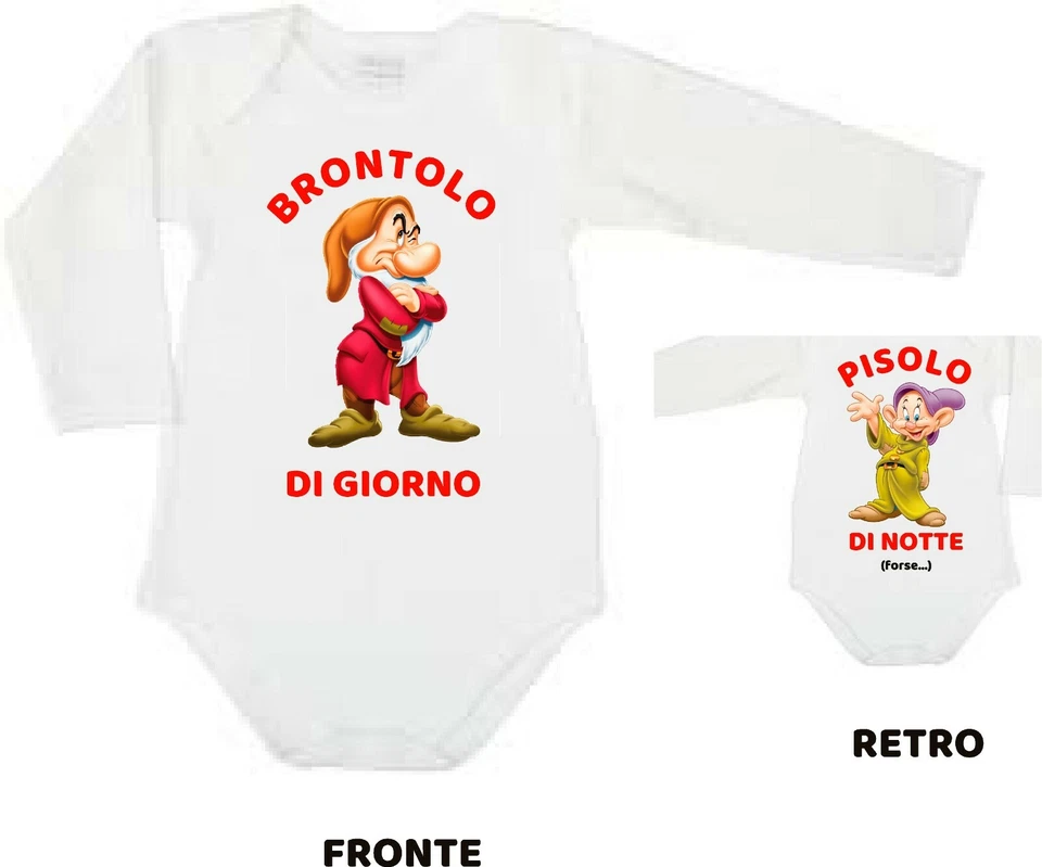 Body lungo Stampa Sette Nani Brontolo di Giorno Pisolo di Notte regalo nascita