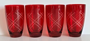 Ruby Red Etched Glasses Tumblers Criss Cross 5 1/2” Tall 16 ounces Set of 4 - Picture 1 of 4