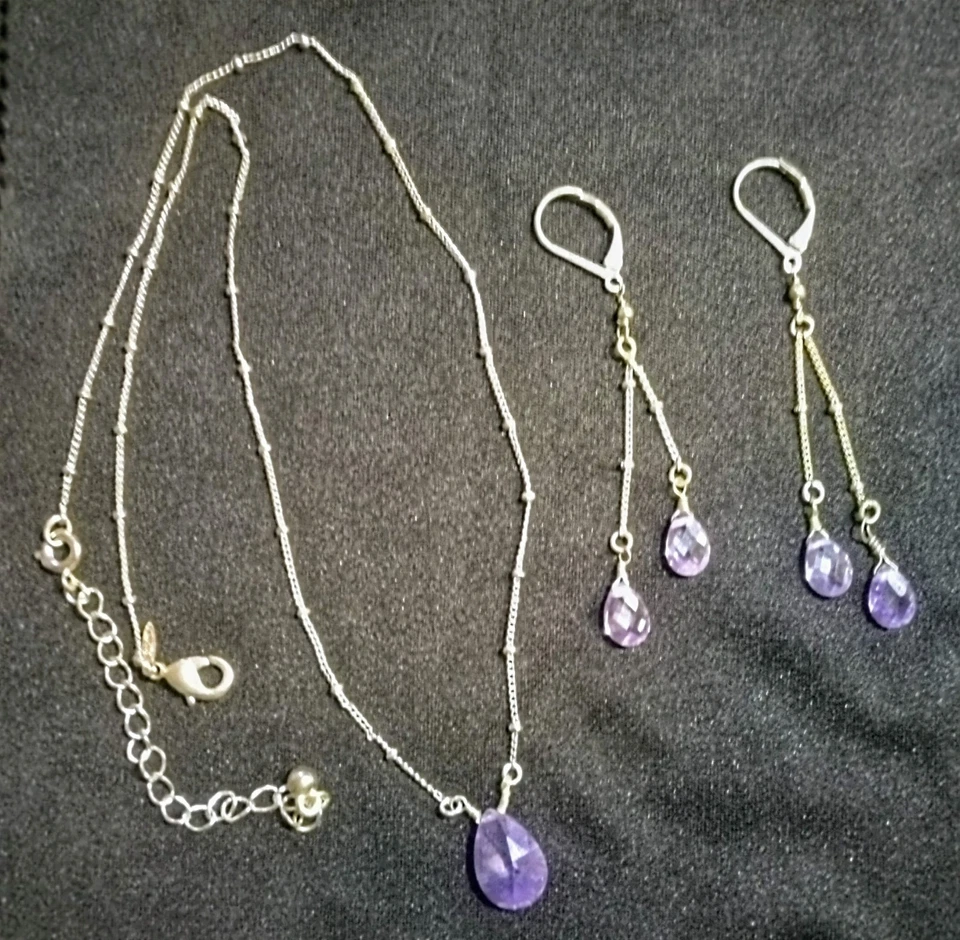 Lavender/Purple Faceted 2.5" Silver Tone Teardrop Earring & Necklace Set - Avon - Image 1 of 1
