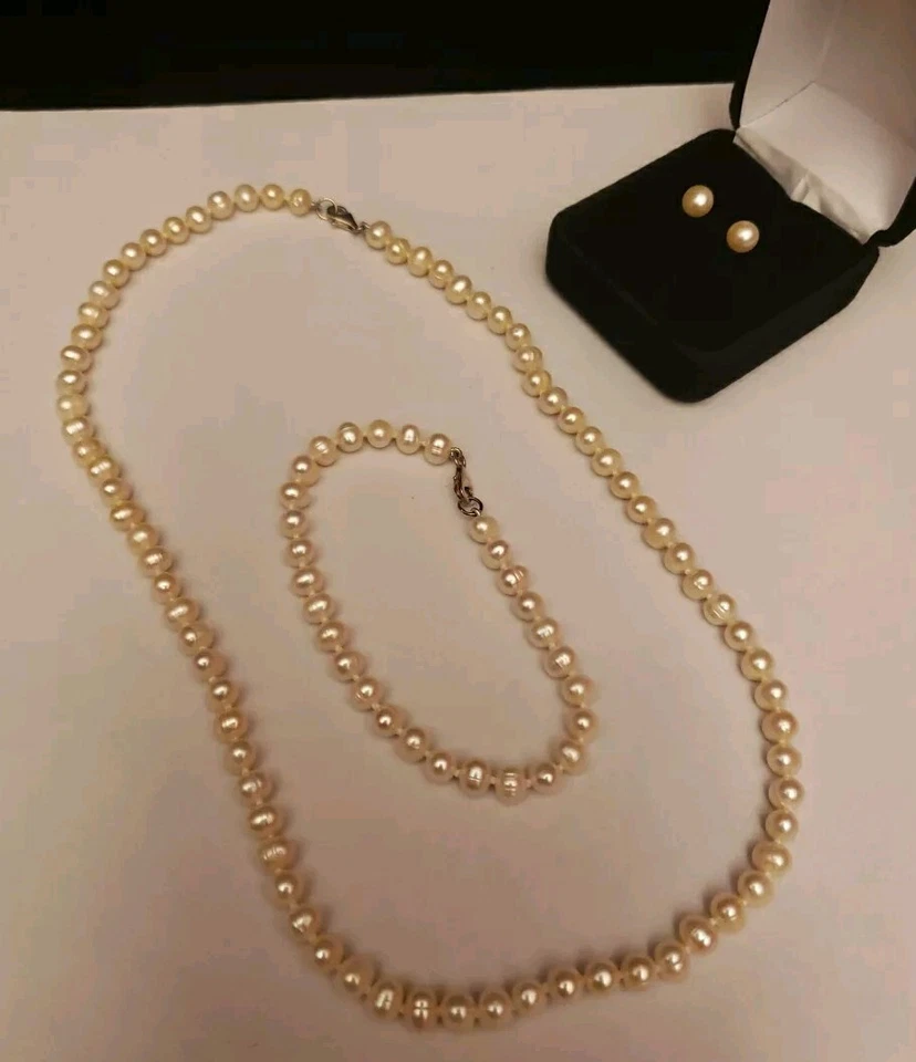 Juego de pendientes pulsera collar perlas vintage 6-7 mm .925 montaje esterlina 29 g en total  Foto 1 de 4