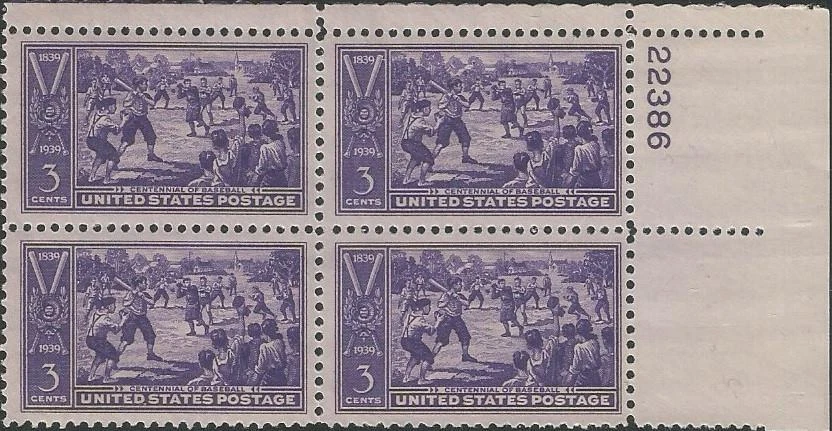 Plate Block of 4 stamps - Scott 855 - 3 cent - Baseball - 1939 - MNH - Image 1 of 1