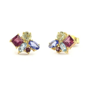 Cluster Multi Stone Gemstone Earrings Handmade 14K Solid Yellow Gold Earrings - Picture 1 of 12