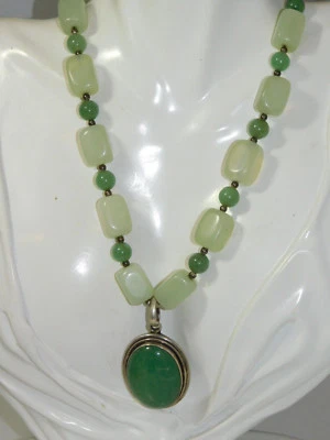Argento Sterling Giada Verde Avventurina Quarzo Perlina LG Ciondolo Collana 11k - Immagine 1 di 4