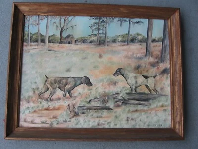 Pintura al óleo sobre lienzo firmada Barbara Olsen aves de caza perros-madera enmarcada 27,8" Foto 1 de 4